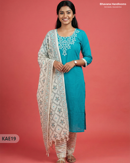 Readymade Cotton Kurti Set in Sky Blue with Mirror Finishing Design