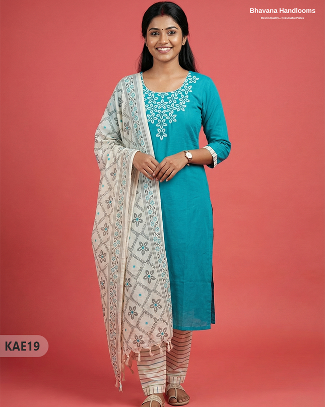 Readymade Cotton Kurti Set in Sky Blue with Mirror Finishing Design
