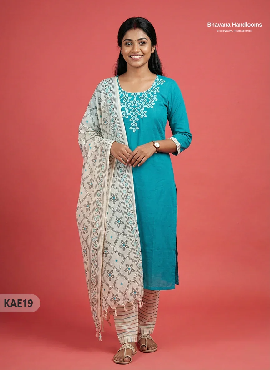 Readymade Cotton Kurti Set in Sky Blue with Mirror Finishing Design