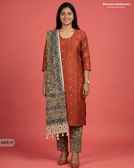Raw Silk 3PC Kurti Set with Kalamkari Dupatta & Elastic Bottom in Orange Colour | Ethnic Wear