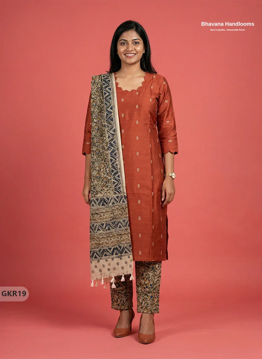 Raw Silk 3PC Kurti Set with Kalamkari Dupatta & Elastic Bottom in Orange Colour | Ethnic Wear