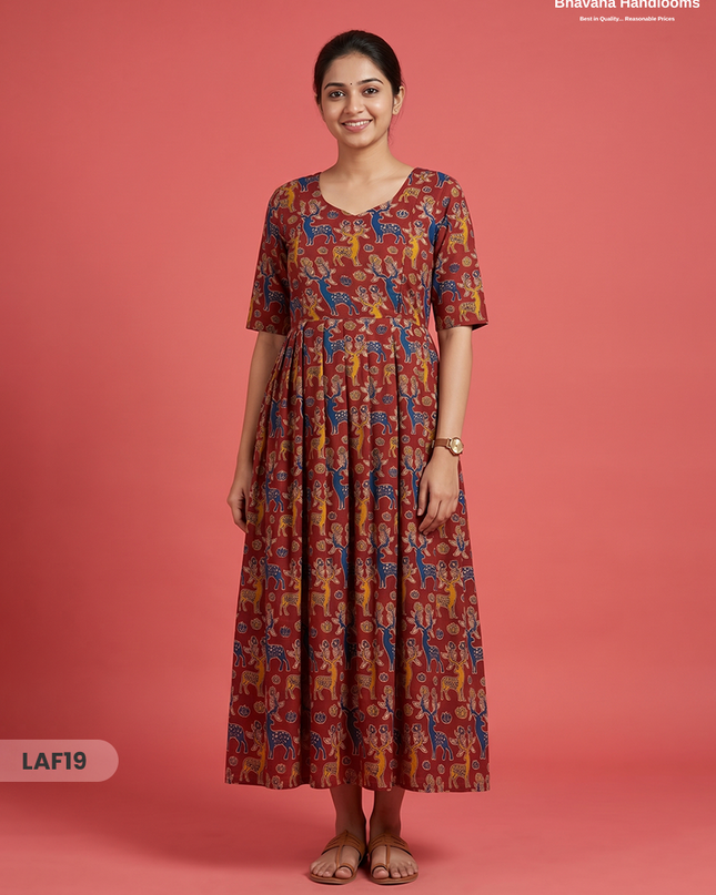 Feeding Frock with Kalamkari Design – Red Color | Invisible Zips | Half Lining Maternity Wear