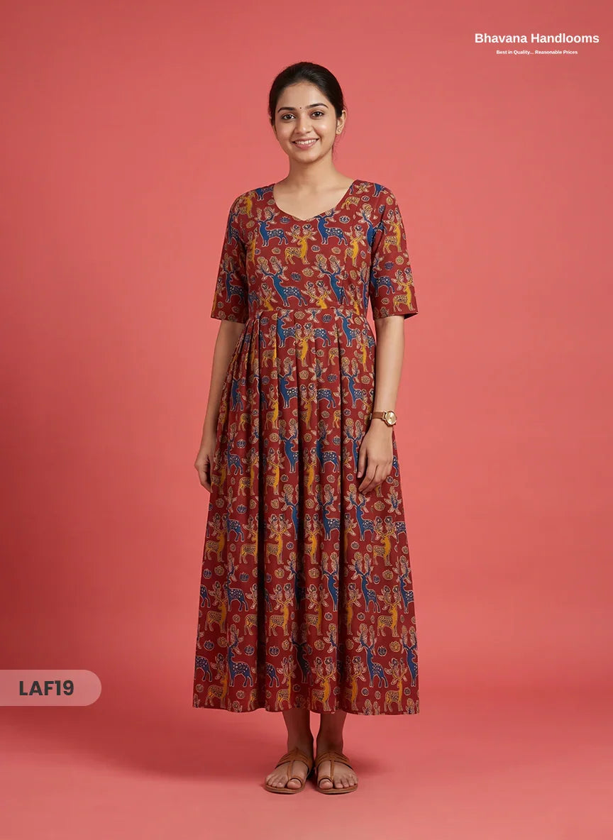 Feeding Frock with Kalamkari Design – Red Color | Invisible Zips | Half Lining Maternity Wear