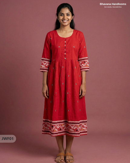 Exclusive Premium Jacquard Woven Frock in Red | 120 Count Fabric | Limited Edition
