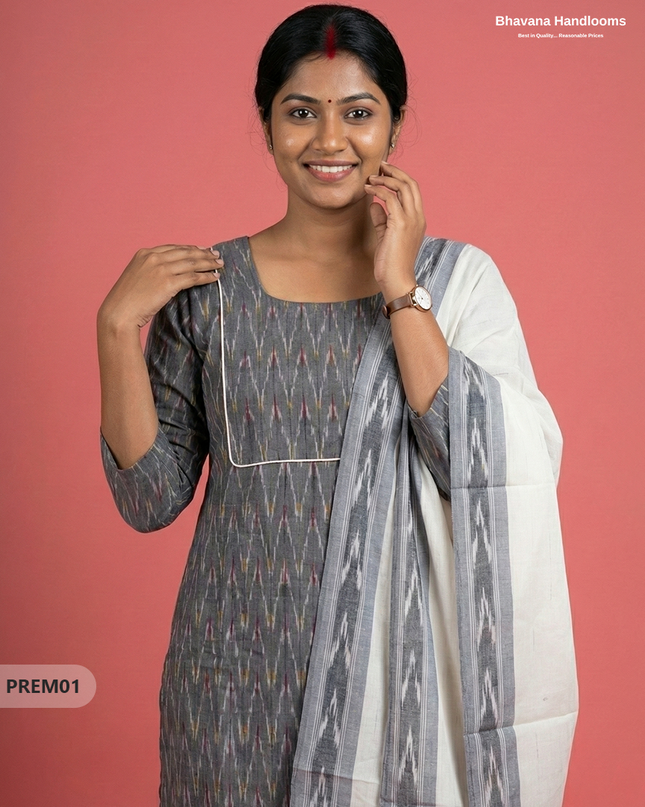 Premium Ikkat 3 Piece Stitched Set – Ready to Wear Kurta, Bottom & Dupatta – Gray colour Handloom Ethnic Wear