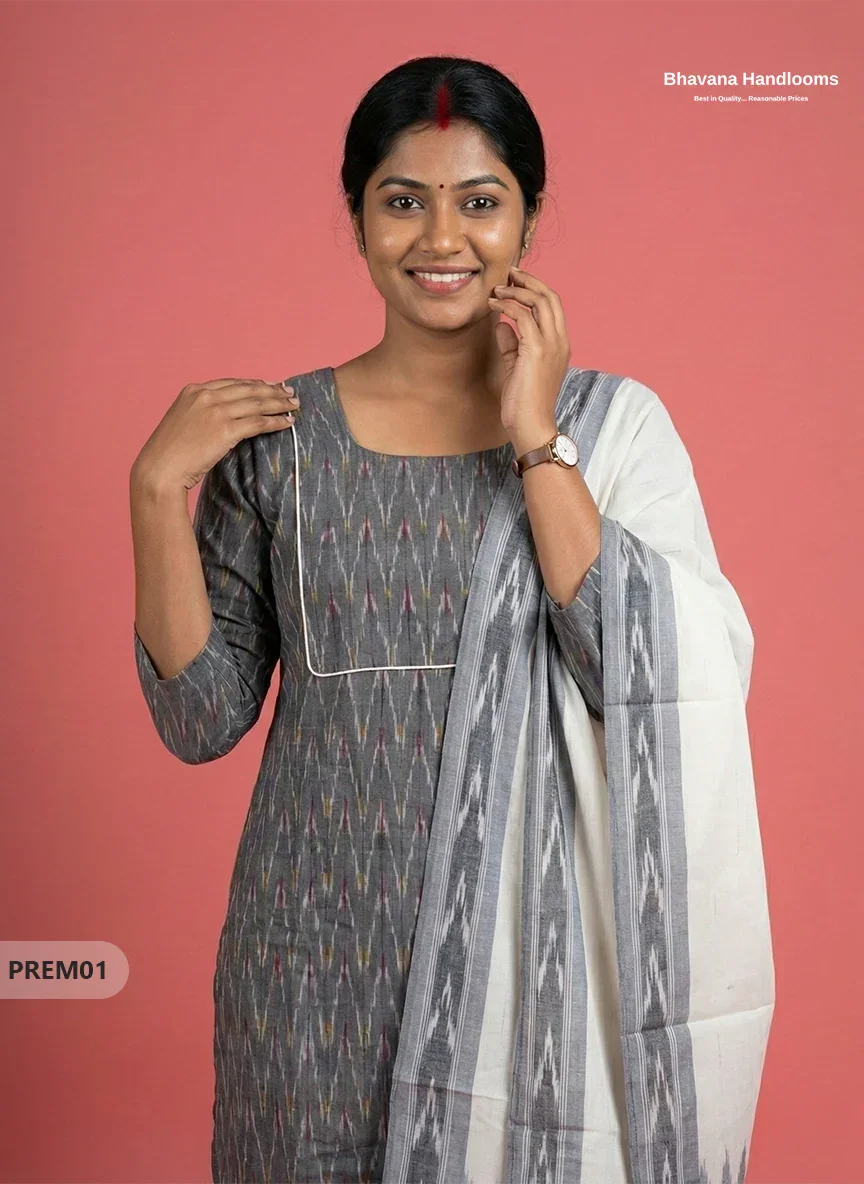 Premium Ikkat 3 Piece Stitched Set – Ready to Wear Kurta, Bottom & Dupatta – Gray colour Handloom Ethnic Wear