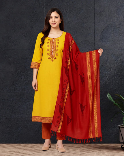 Mangalagiri Cotton Kurti Set Yellow – Straight Cut Style, Elbow Length Sleeves