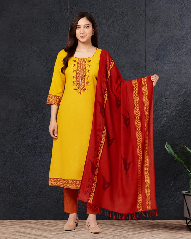 Mangalagiri Cotton Kurti Set Yellow – Straight Cut Style, Elbow Length Sleeves