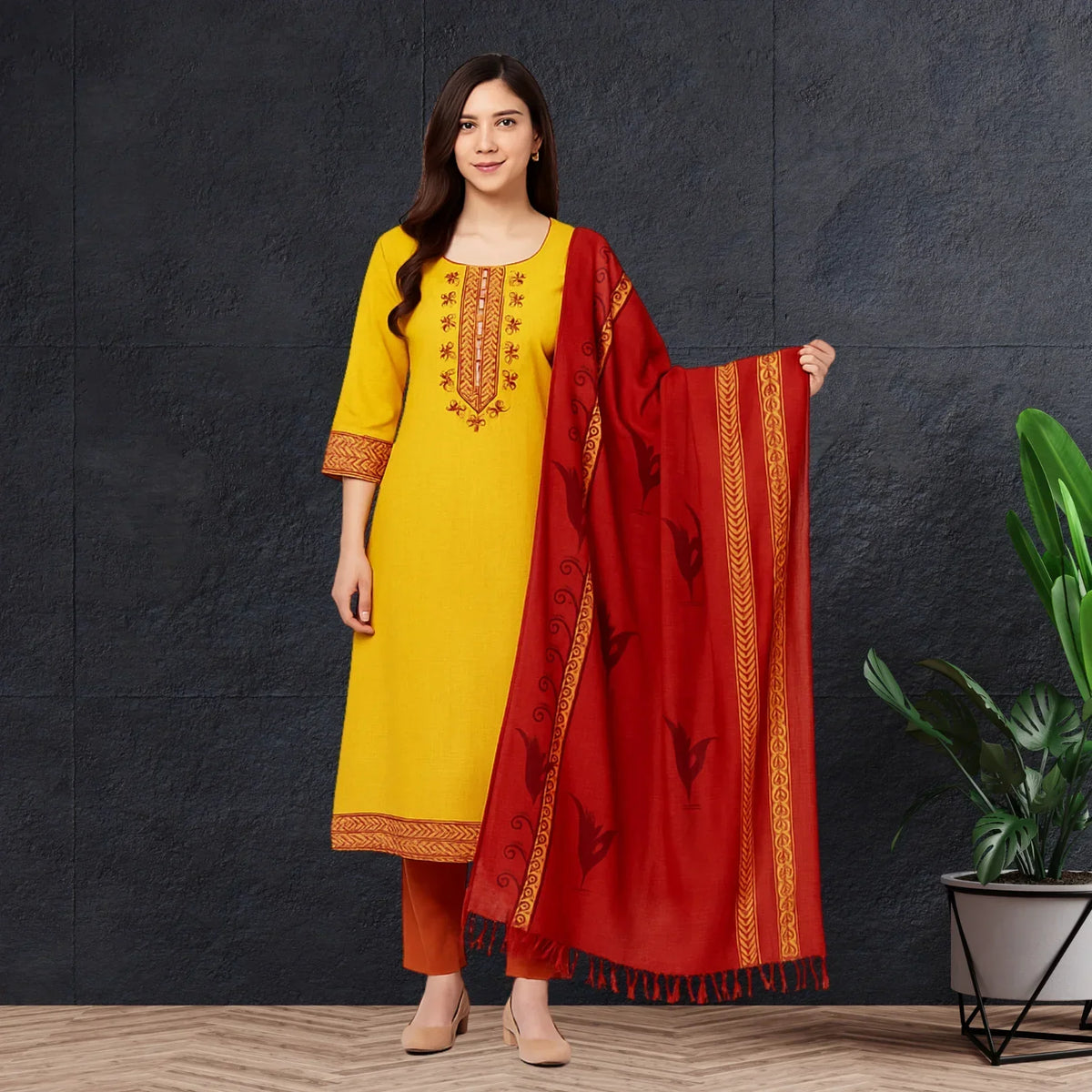 Mangalagiri Cotton Kurti Set Yellow – Straight Cut Style, Elbow Length Sleeves