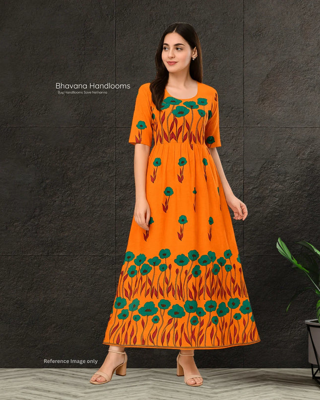 Orange Floral Printed Cotton Frock for Women – Casual Wear | Bhavana Handlooms