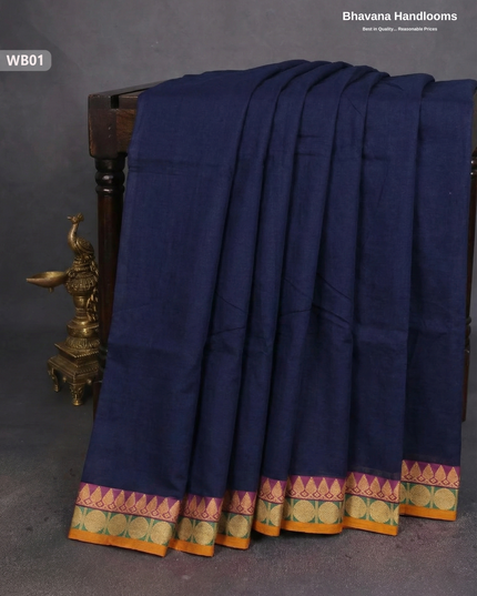 Authentic Kanchi Cotton Handloom Saree – Navy Blue Colour (Without Blouse)