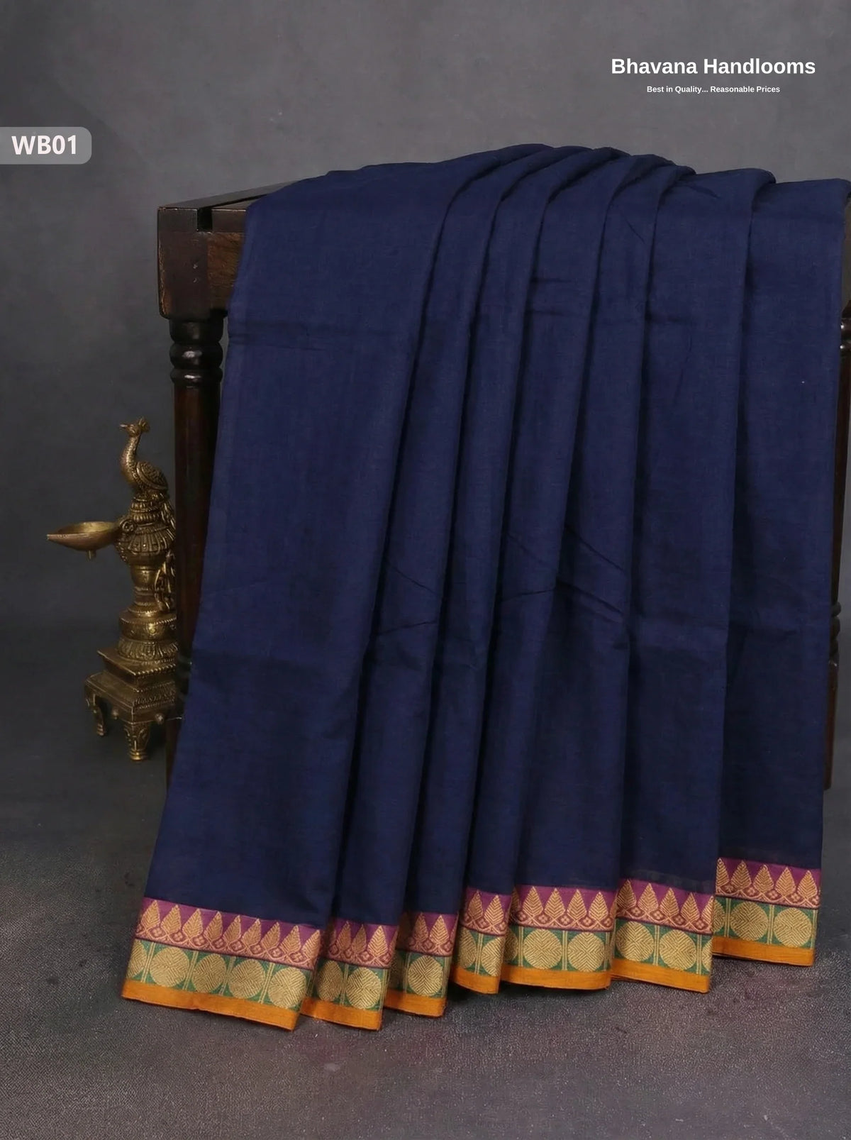Authentic Kanchi Cotton Handloom Saree – Navy Blue Colour (Without Blouse)