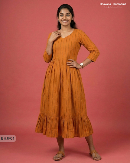 Premium Musted Yellow Jacquard Woven Frock with Full Length Lining