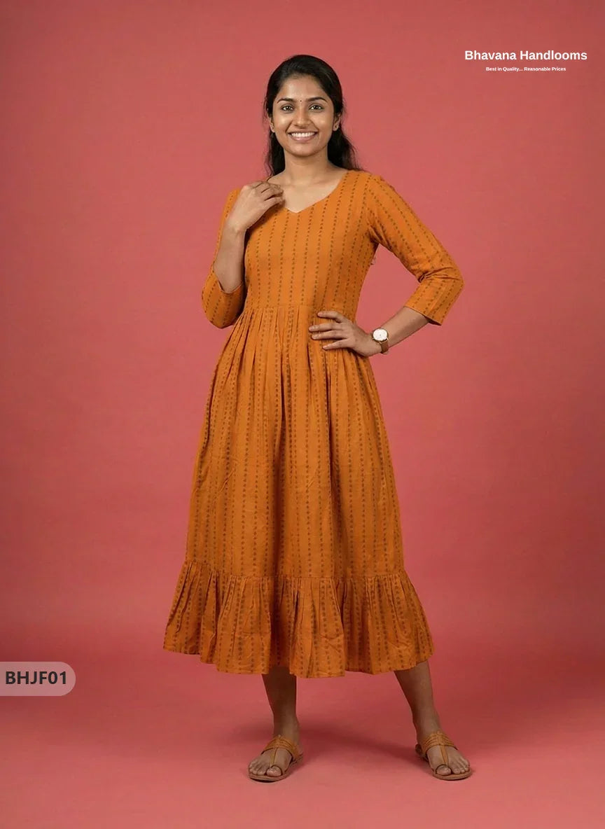 Premium Musted Yellow Jacquard Woven Frock with Half Length Lining