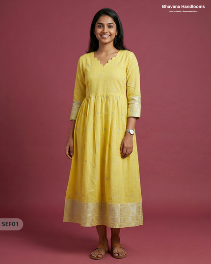 Premium Soft Semi Pattu Frock in Pastel Yellow | Full Length Lining