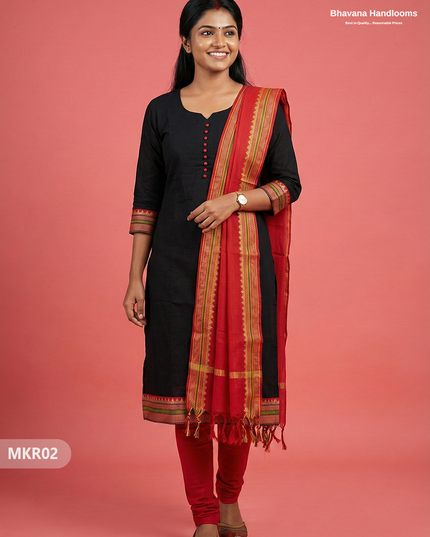 Mangalagiri Border Kurti Set with Potli Buttons | Black Colour | Traditional Cotton Ethnic Set