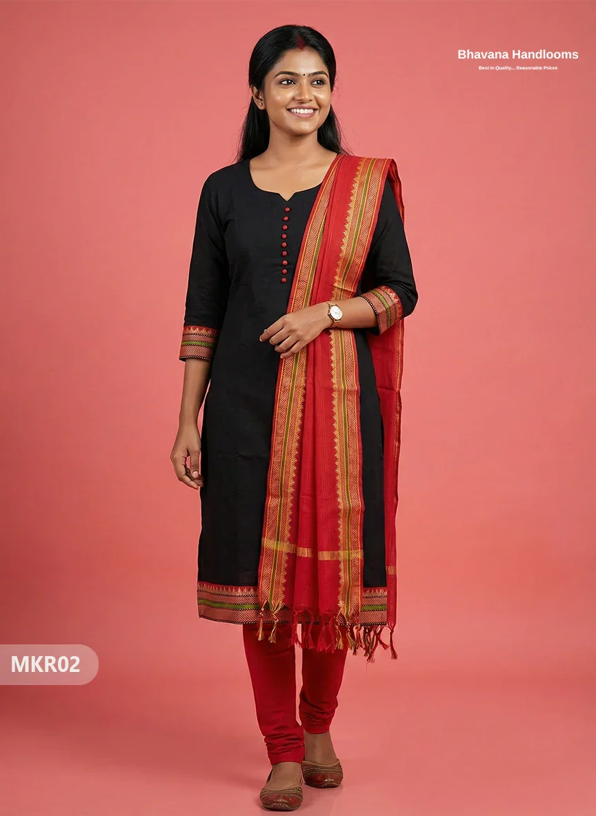 Mangalagiri Border Kurti Set with Potli Buttons | Black Colour | Traditional Cotton Ethnic Set