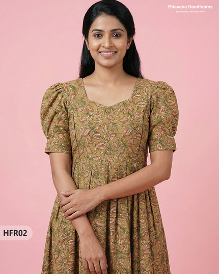 Feeding Frock with Handblock Design – Green Color | Invisible Zips | Half Lining Maternity Wear