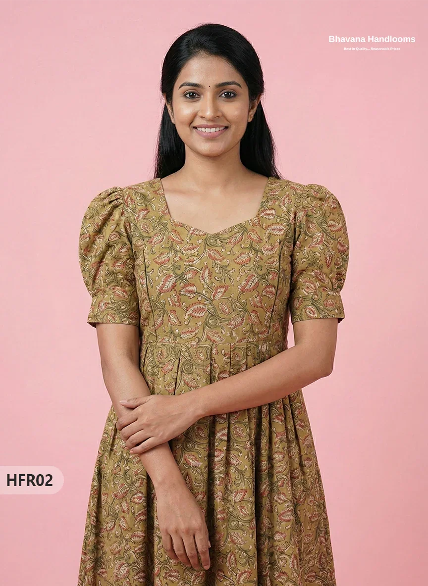 Feeding Frock with Handblock Design – Green Color | Invisible Zips | Half Lining Maternity Wear