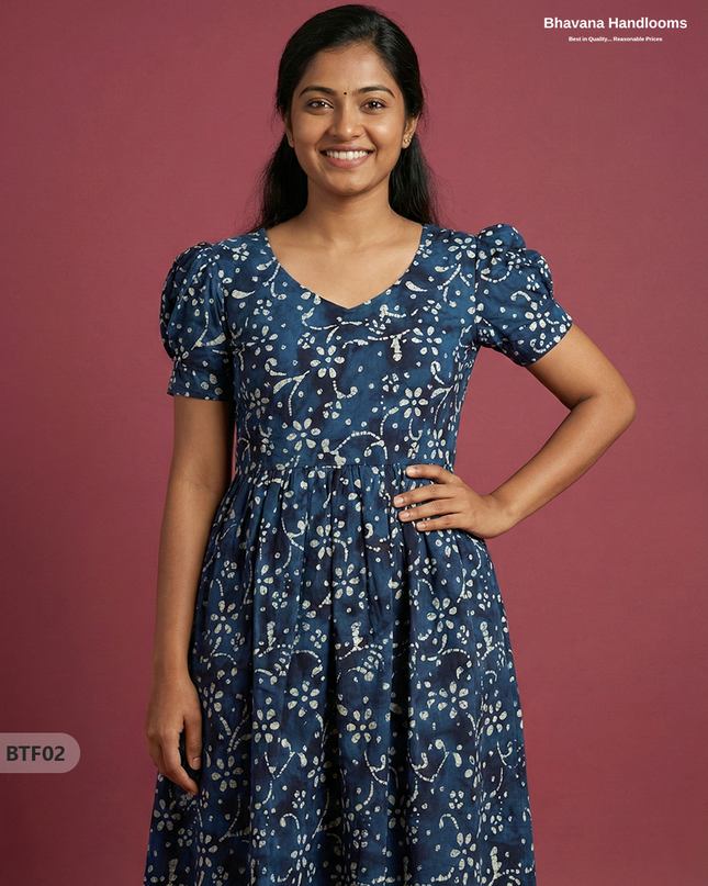 Handmade Batik Frock with Natural Dye – Potli Ball Neck Design Dark Blue Colour