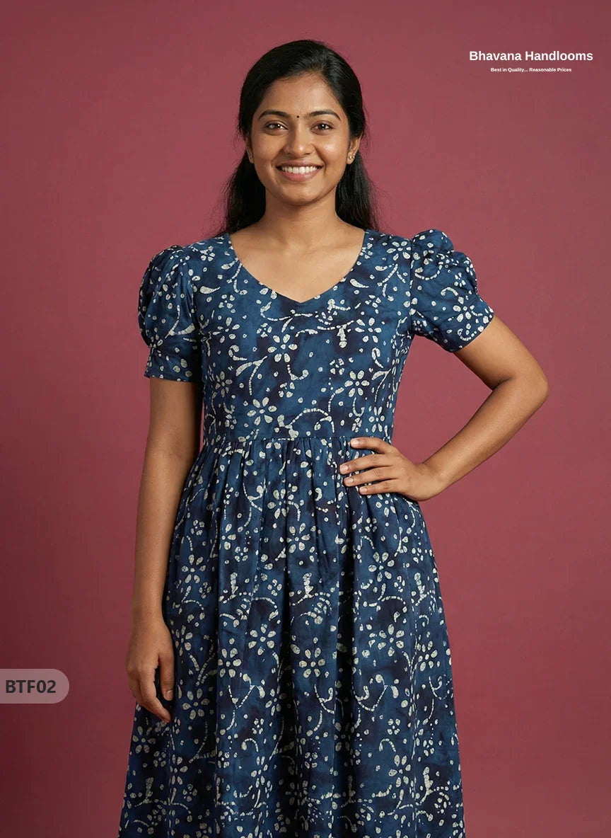 Handmade Batik Frock with Natural Dye – Potli Ball Neck Design Dark Blue Colour