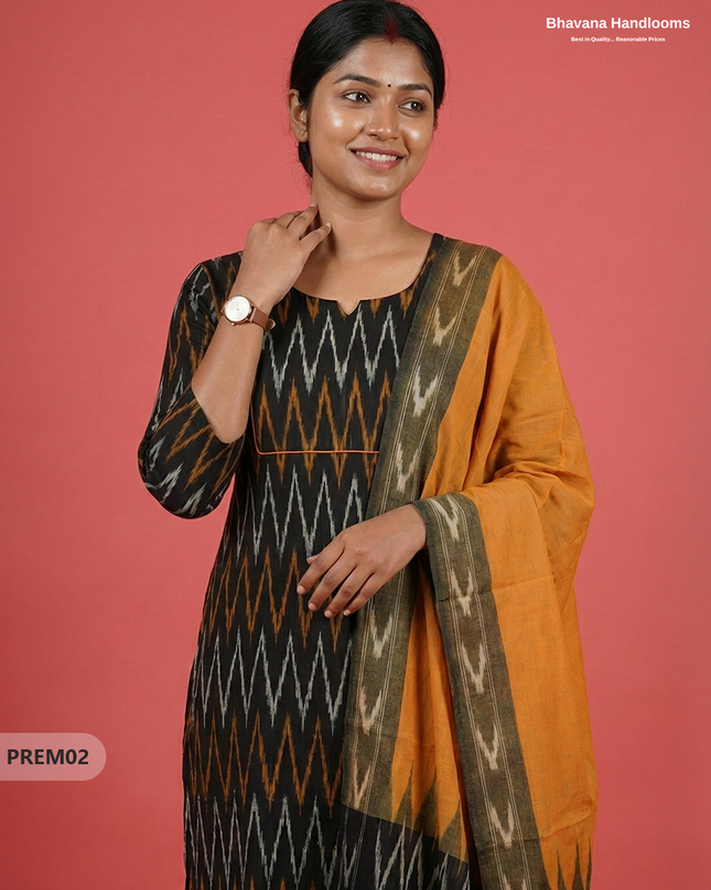 Premium Ikkat 3 Piece Stitched Set – Ready to Wear Kurta, Bottom & Dupatta – Black Colour Handloom Ethnic Wear