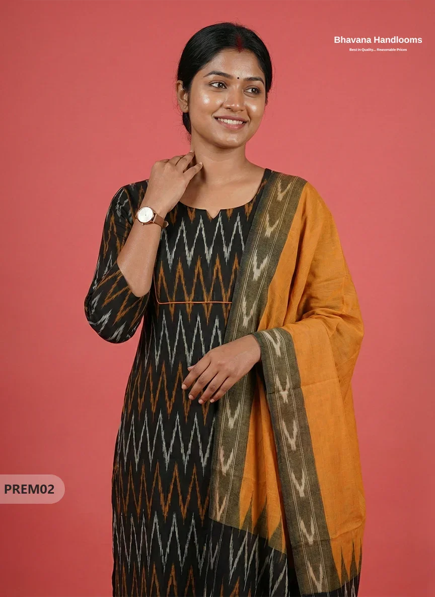 Premium Ikkat 3 Piece Stitched Set – Ready to Wear Kurta, Bottom & Dupatta – Black Colour Handloom Ethnic Wear