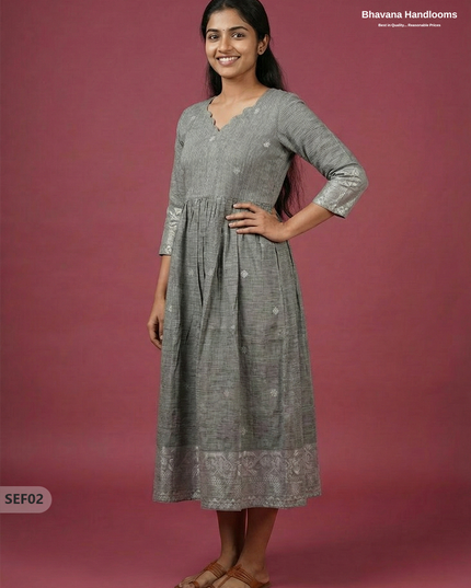 Premium Soft Semi Pattu Frock in Pastel Gray | Full Length Lining