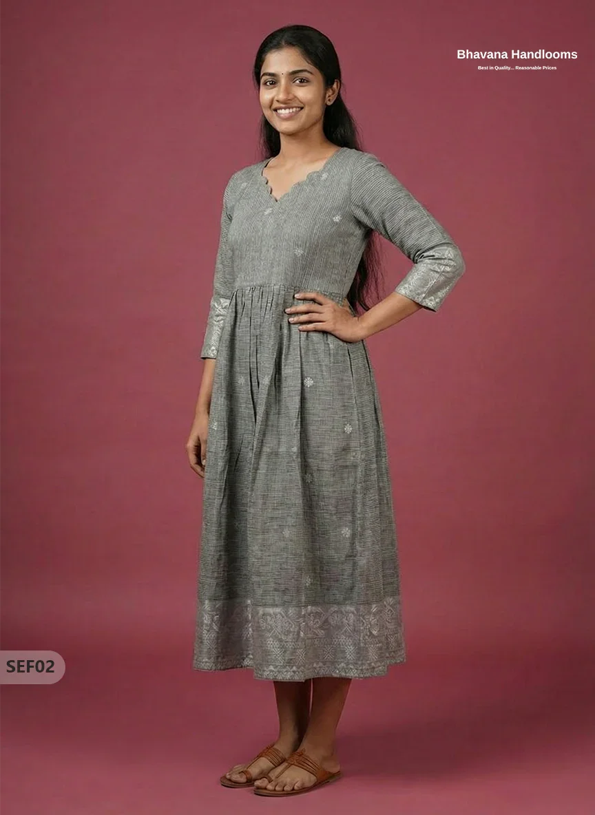 Premium Soft Semi Pattu Frock in Pastel Gray | Full Length Lining