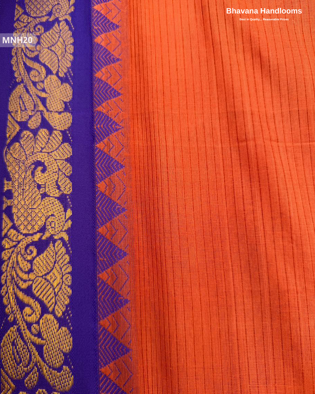Mini Gadwal Cotton Saree in Orange with Small Zari Border | Without Blouse