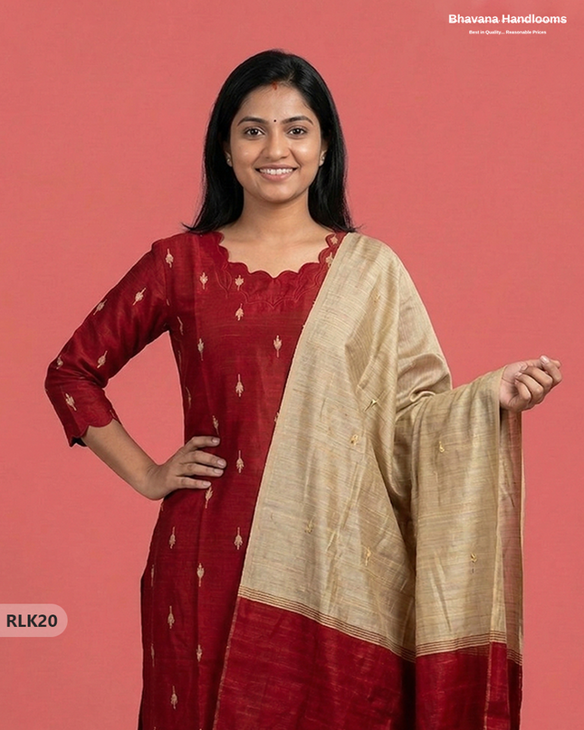 Raw Silk 2PC Set in Red Colour | Top & Bottom Only Ethnic Wear