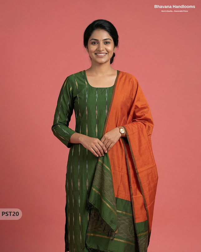 Pochampally Semi Pattu 3PC Kurti Set in Dark Green Colour | Ready-to-Wear Ethnic Wear