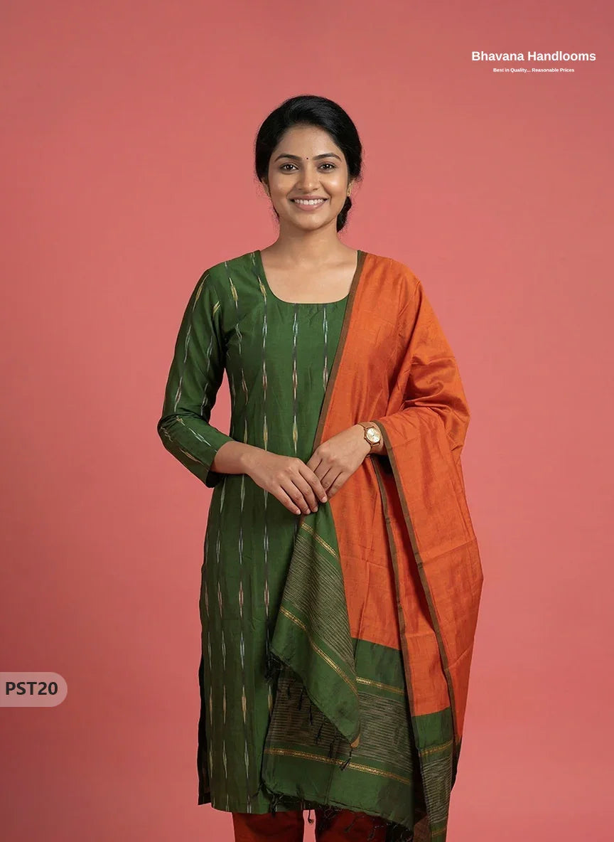 Pochampally Semi Pattu 3PC Kurti Set in Dark Green Colour | Ready-to-Wear Ethnic Wear