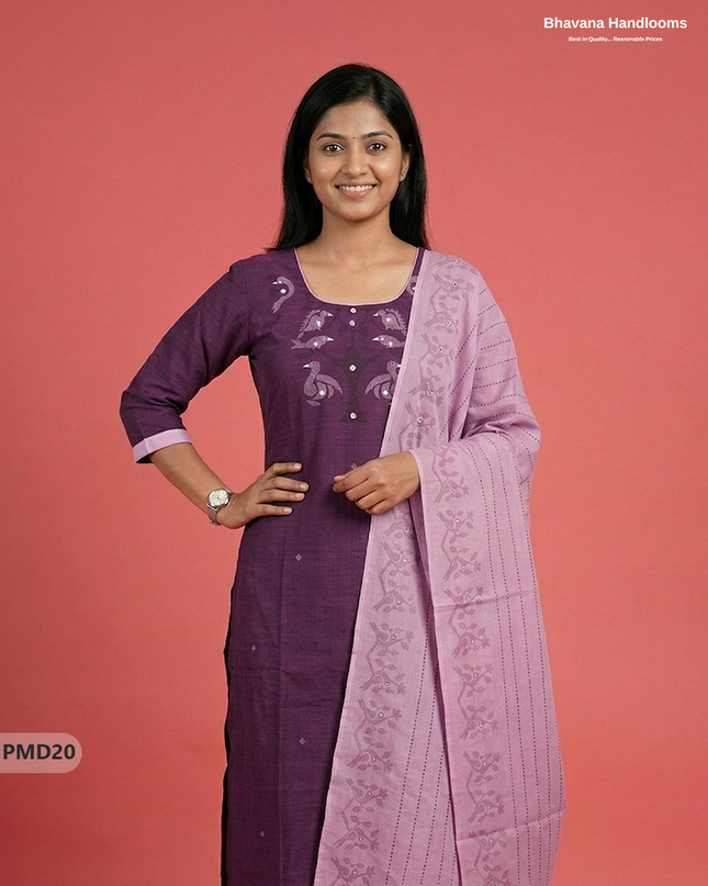Premium Deep Purple Kurti Set with Birds Print & Mirror Finishing | Ready-to-Wear