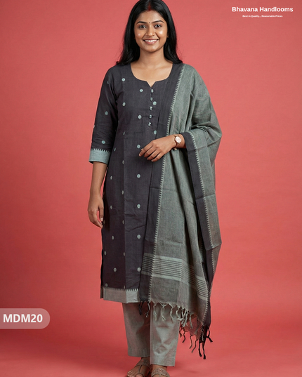 Mangalagiri Cotton 3PC Set with Full-Length Lining & Elastic Pocket Bottom – Indian Dark Gray