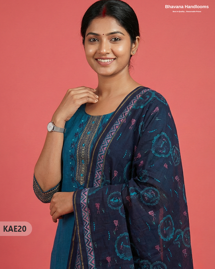 Readymade Mangalagiri Cotton Kurti Set in Dark Blue with  Mirror Finishing Design