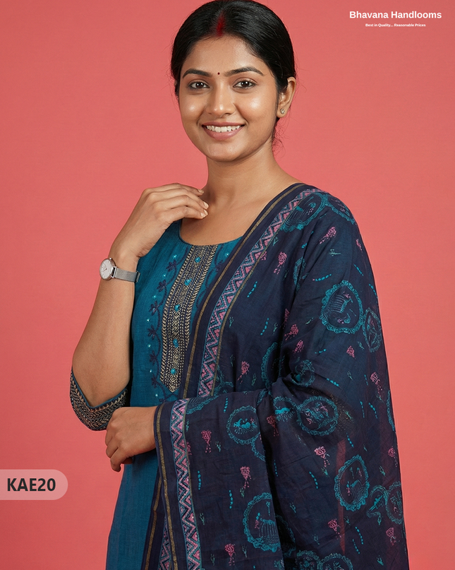 Readymade Mangalagiri Cotton Kurti Set in Dark Blue with  Mirror Finishing Design