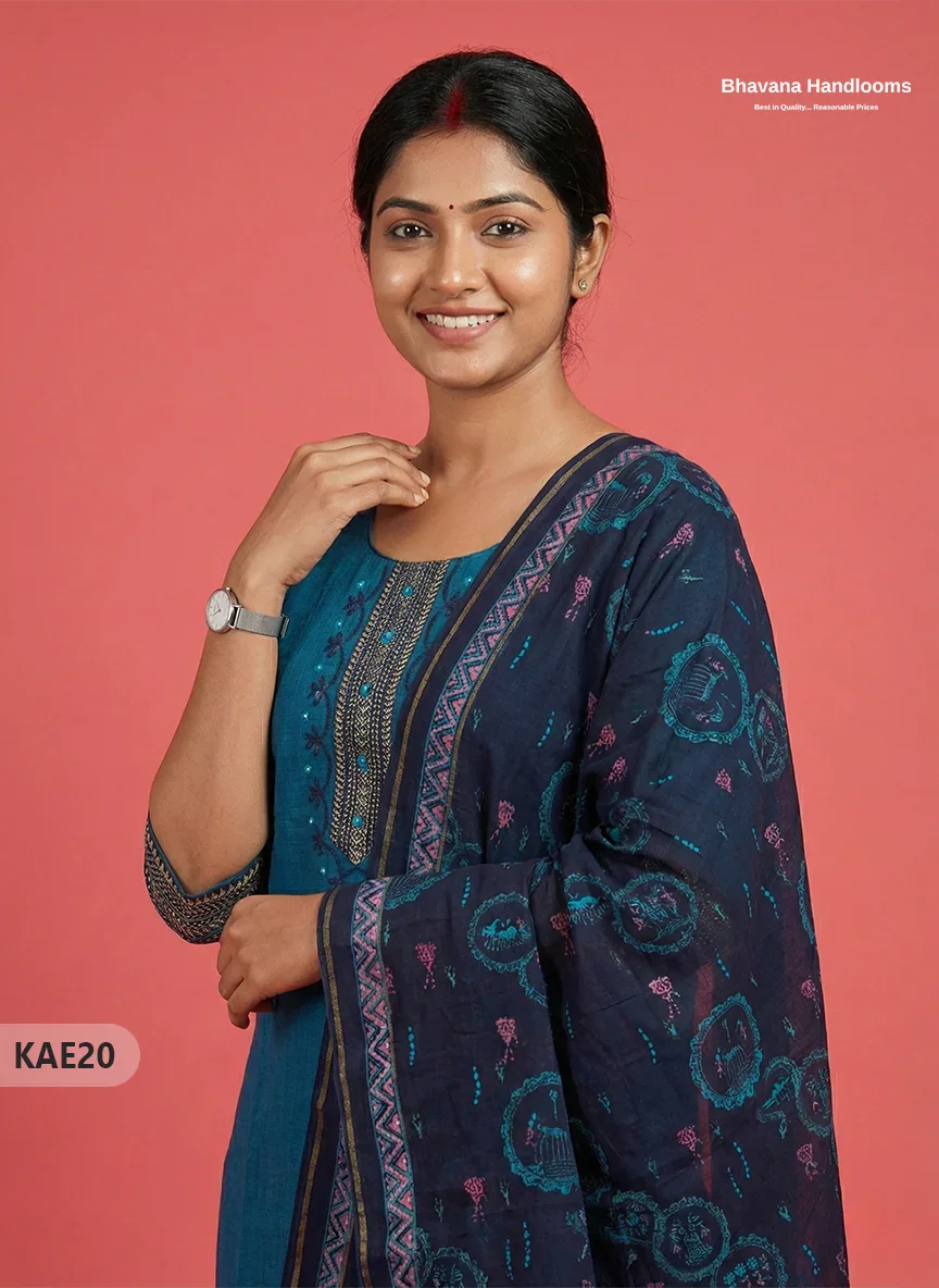 Readymade Mangalagiri Cotton Kurti Set in Dark Blue with  Mirror Finishing Design