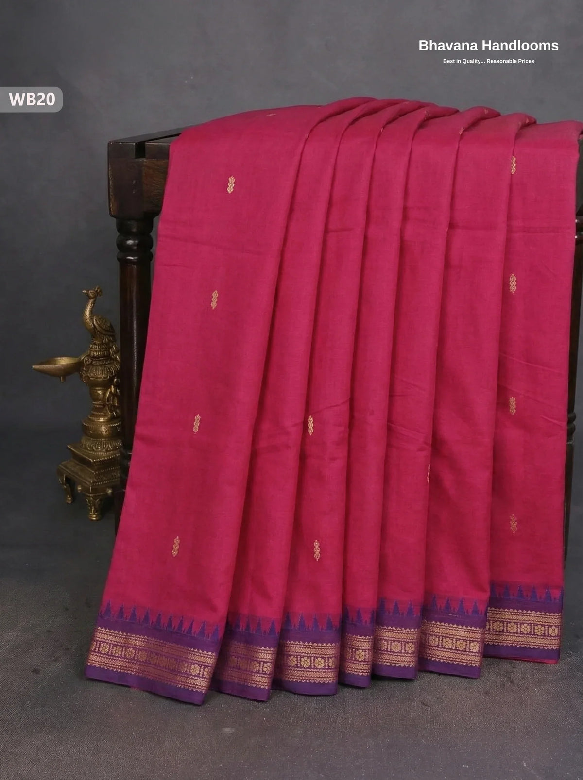 Authentic Kanchi Cotton Handloom Saree – Reddish Pink Colour (Without Blouse)