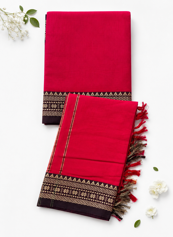 Traditional Wear Narayanpet Mercerised Cotton Dress Material with Deep Pink Colour | Woven Border