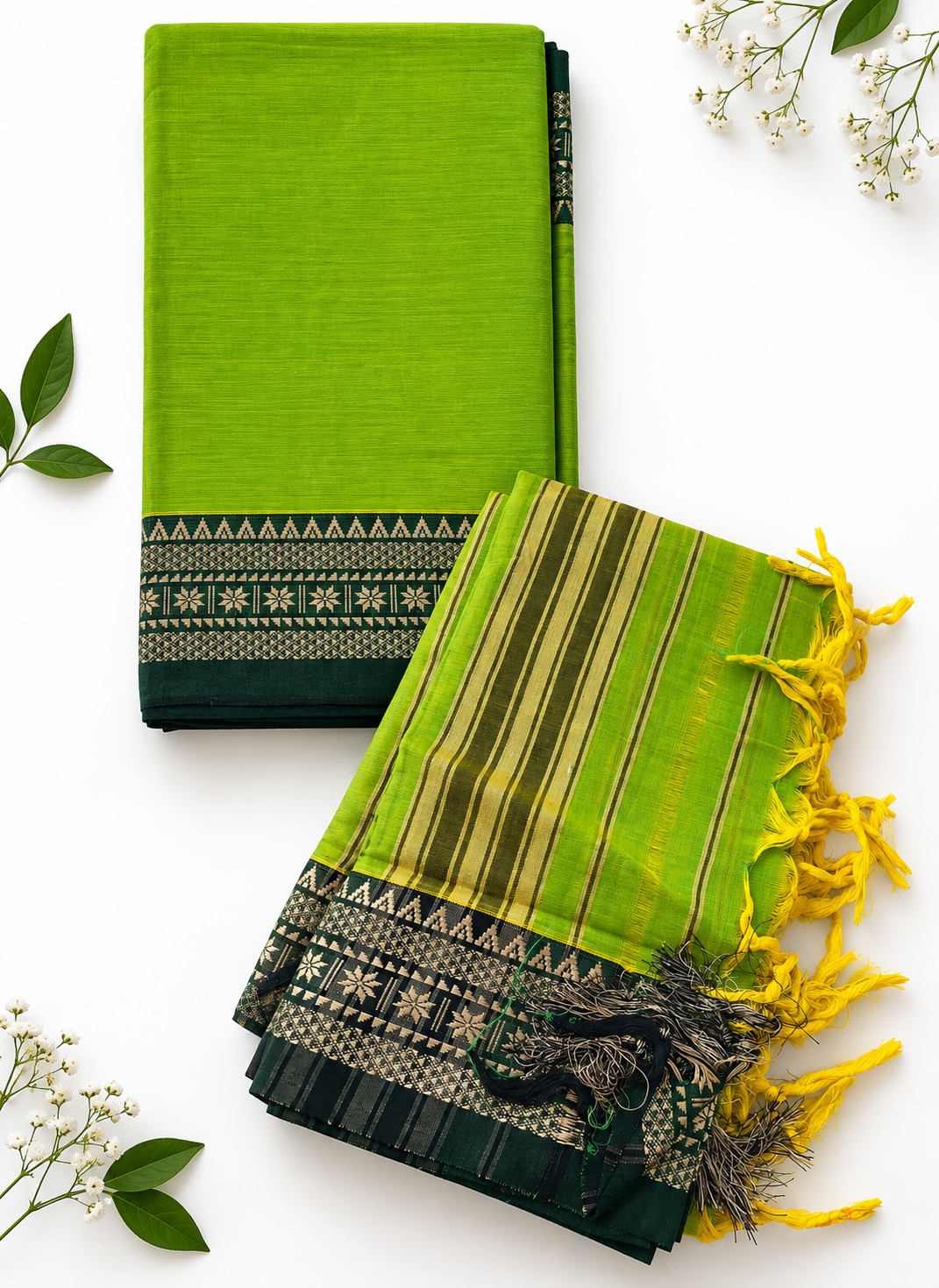 Traditional Narayanpet Mercerised Cotton Dress Material in Lime Green | Dark Green Woven Border