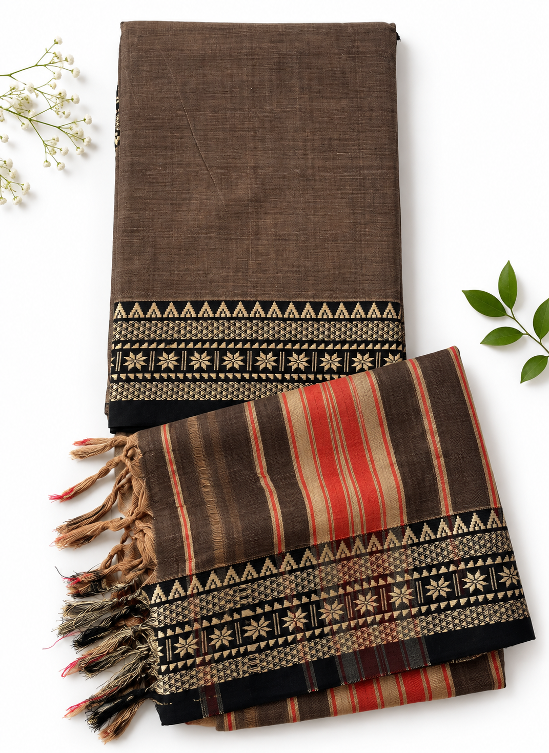Traditional Narayanpet Mercerised Cotton Dress Material in Coffee Brown & Rust Red | Black Woven Border