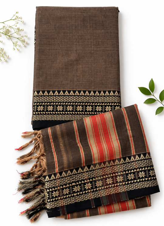 Traditional Narayanpet Mercerised Cotton Dress Material in Coffee Brown & Rust Red | Black Woven Border