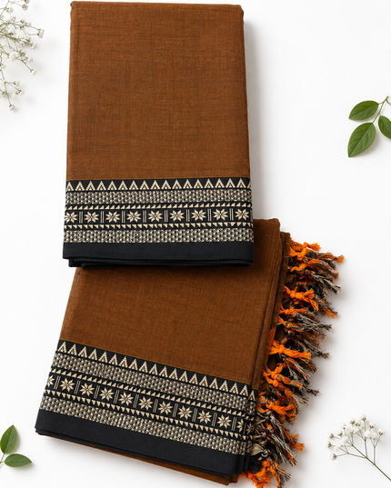 Traditional Wear Narayanpet Mercerised Cotton Dress Material with Coffee Brown Colour | Woven Border