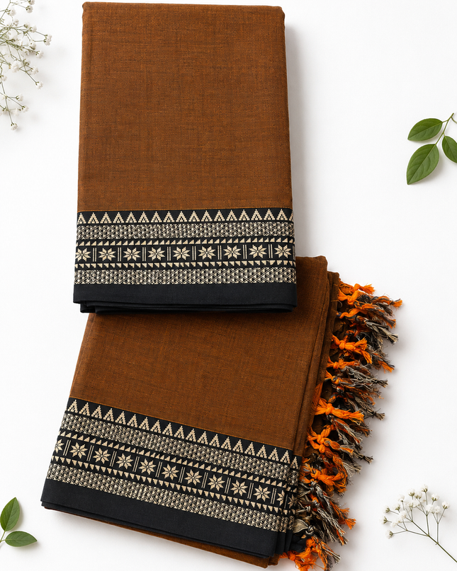 Traditional Wear Narayanpet Mercerised Cotton Dress Material with Coffee Brown Colour | Woven Border
