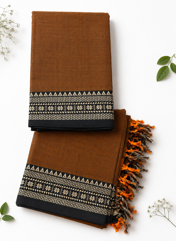 Traditional Wear Narayanpet Mercerised Cotton Dress Material with Coffee Brown Colour | Woven Border