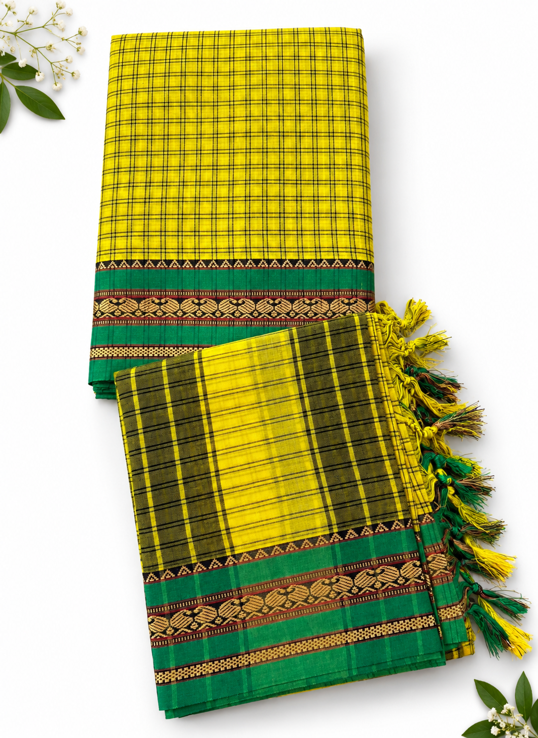 Traditional Narayanpet Mercerised Cotton Dress Material in Bright Yellow & Green | Green Woven Border