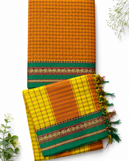 Traditional Wear Narayanpet Mercerised Cotton Dress Material with Mustard Yellow Colour | Green Woven Border