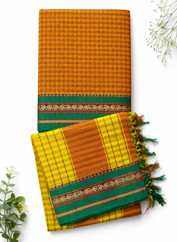 Traditional Wear Narayanpet Mercerised Cotton Dress Material with Mustard Yellow Colour | Green Woven Border