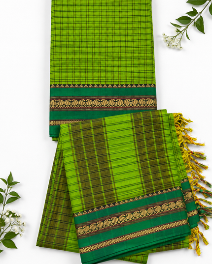 Traditional Wear Narayanpet Mercerised Cotton Dress Material with Parrot Green Colour | Green Woven Border